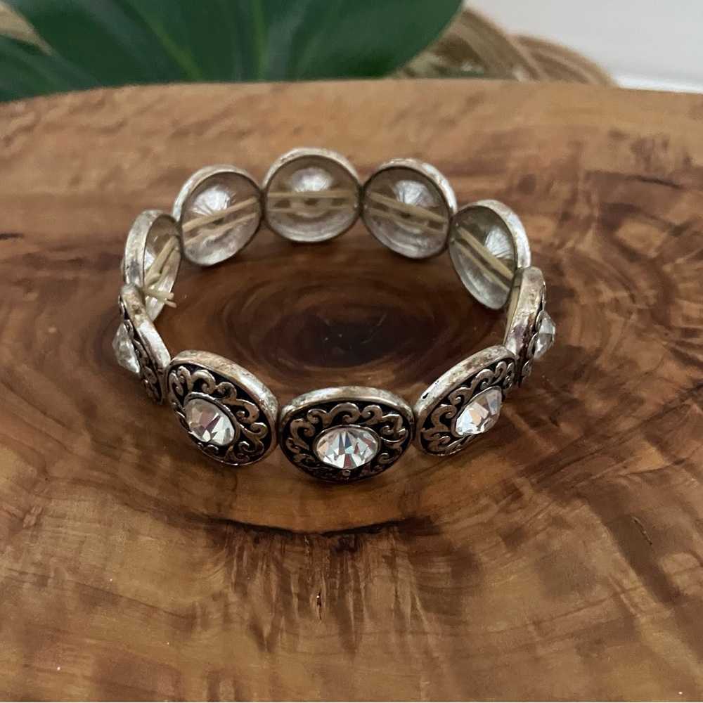 Vintage Silver tone Rhinestone Stretch Bracelet large round Stones Elastic band